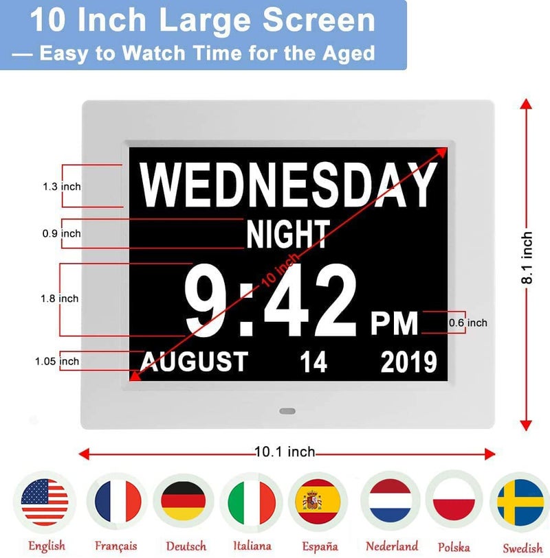 Aowasi [Upgraded 10 Inch] Digital Day Calendar Clock Auto-Diming & 8 Alarms Options Extra Large Non-Abbreviations Dementia Impaired Vision Senior Clocks for Memory Loss Alzheimer Eldarly - Image 2